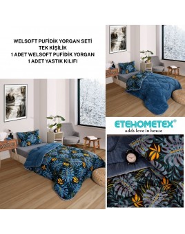 ETE HOMETEX TEK KİŞİLİK LÜX WELSOFT YORGAN SETİ MONESTERA İNDİGO 155X215CM 8696474231888
